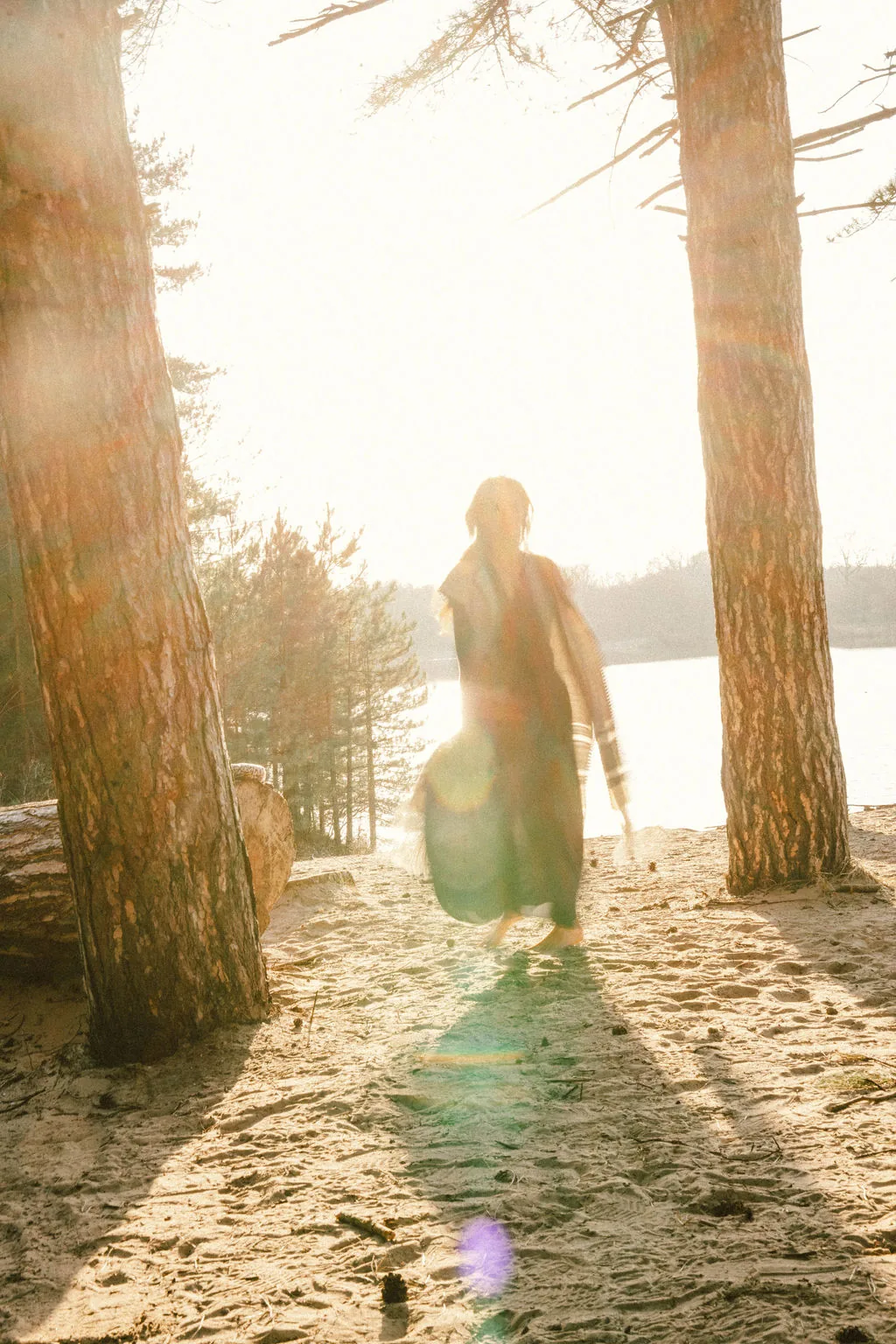 Dany Fenton walking between two tall pine trees toward a lake, figure softly backlit by sunlight, representing release and moving forward