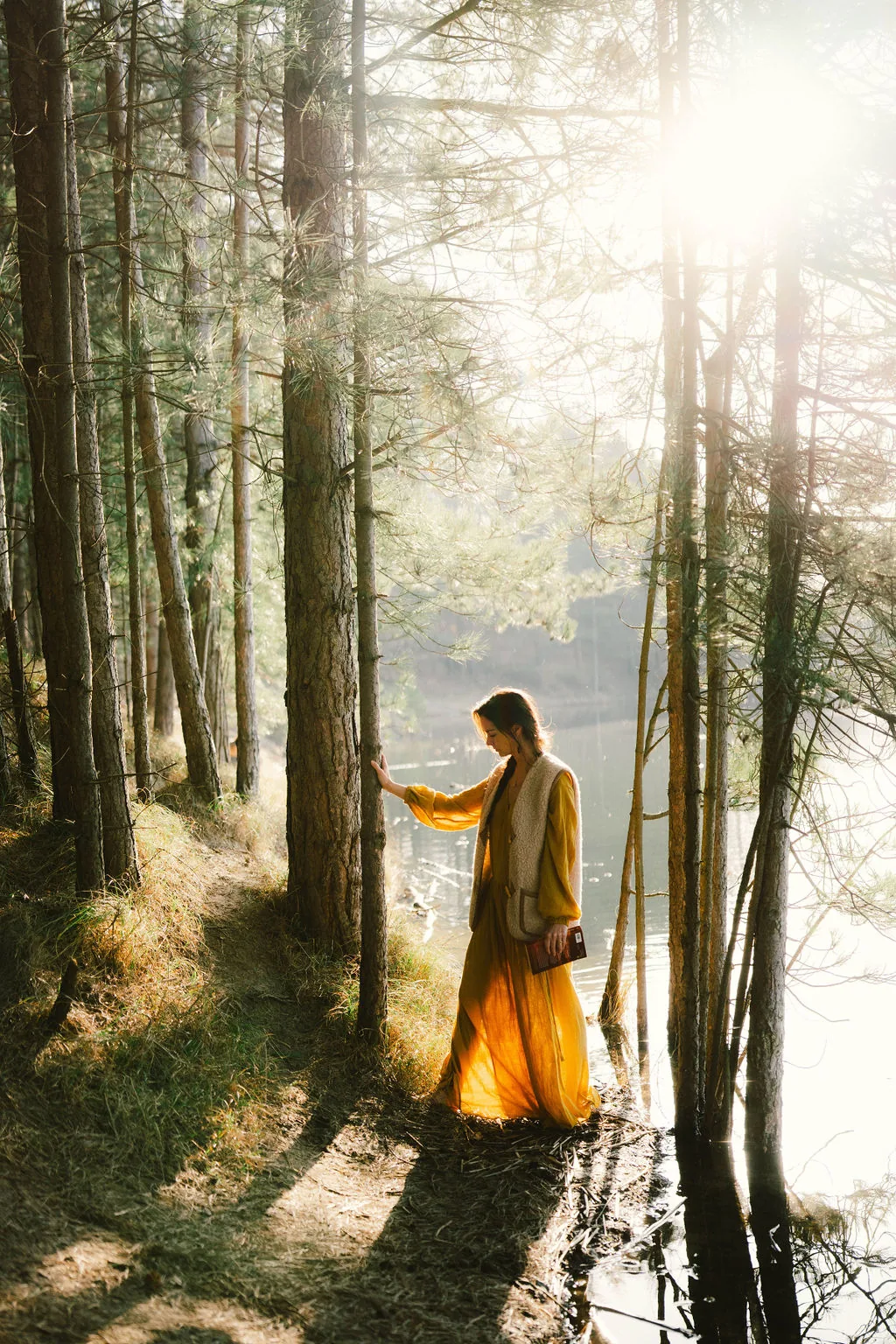 Dany Fenton in a golden yellow dress walking through a pine forest by a lake at golden hour, hand resting gently on a pine trunk – approachable, grounded and present