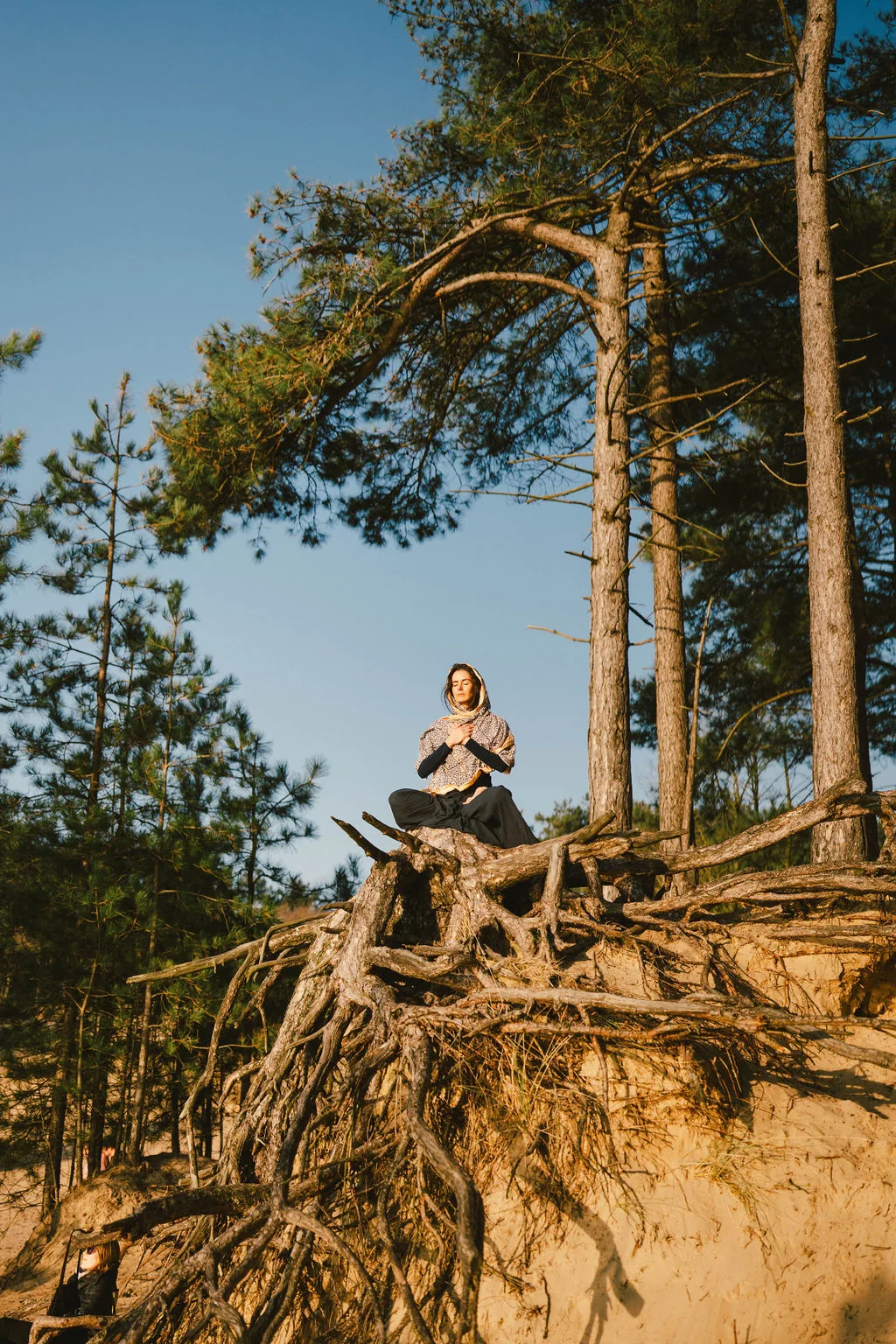 Dany Fenton seated in cross-legged meditation on a dramatic pine root system atop a sandy dune, patterned shawl over head, hands at heart, eyes closed under clear blue sky
