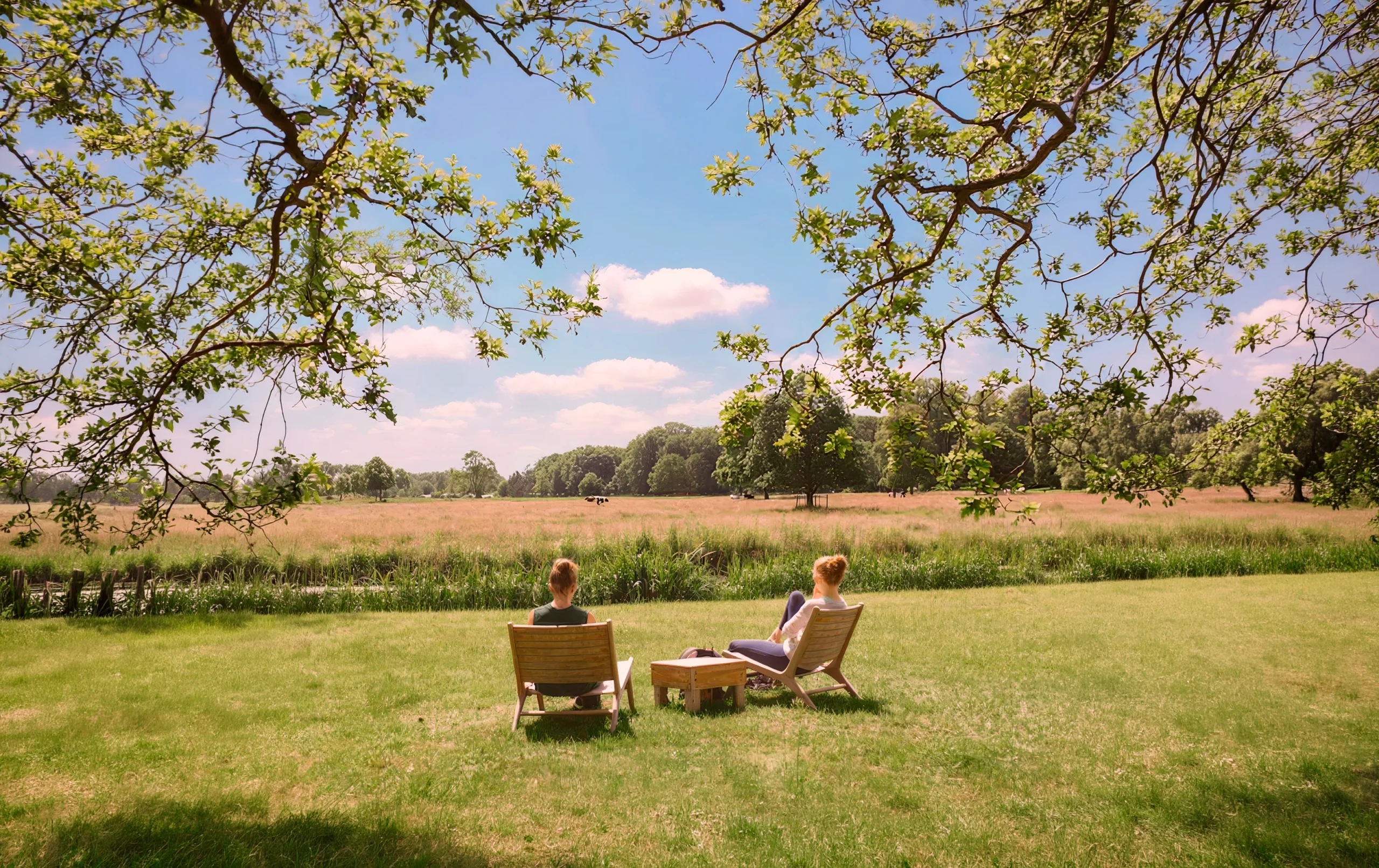 Participants relaxing in nature during a seasonal reset retreat day at The Reconnected Land, surrounded by greenery